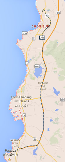 Map route from Pattaya to Chonburi Transport Office